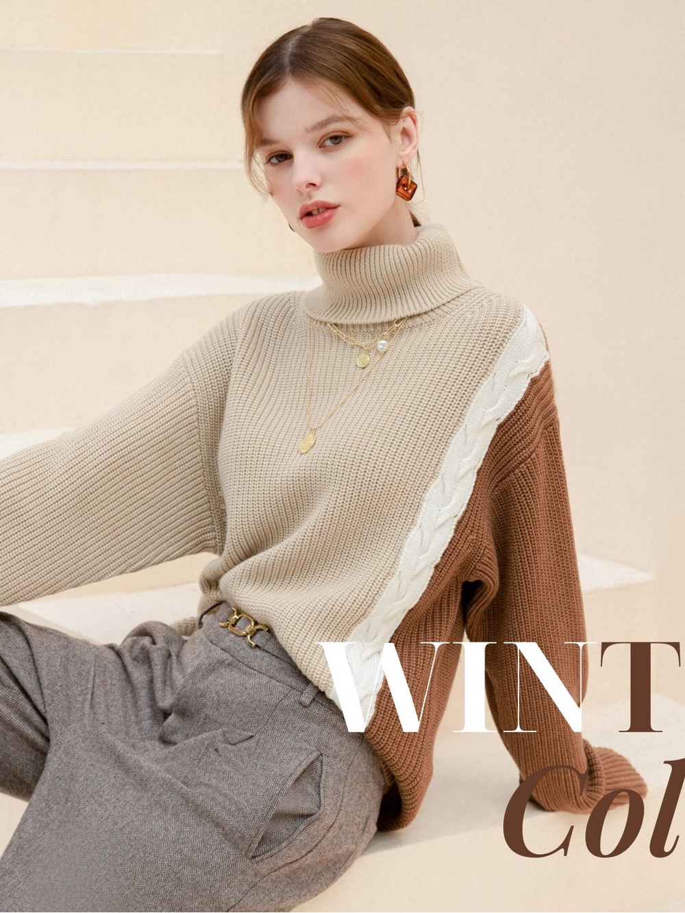 Petite Studio NYC Hudson Turtleneck Sweater Colorblock Wool Chunky Knit Tan